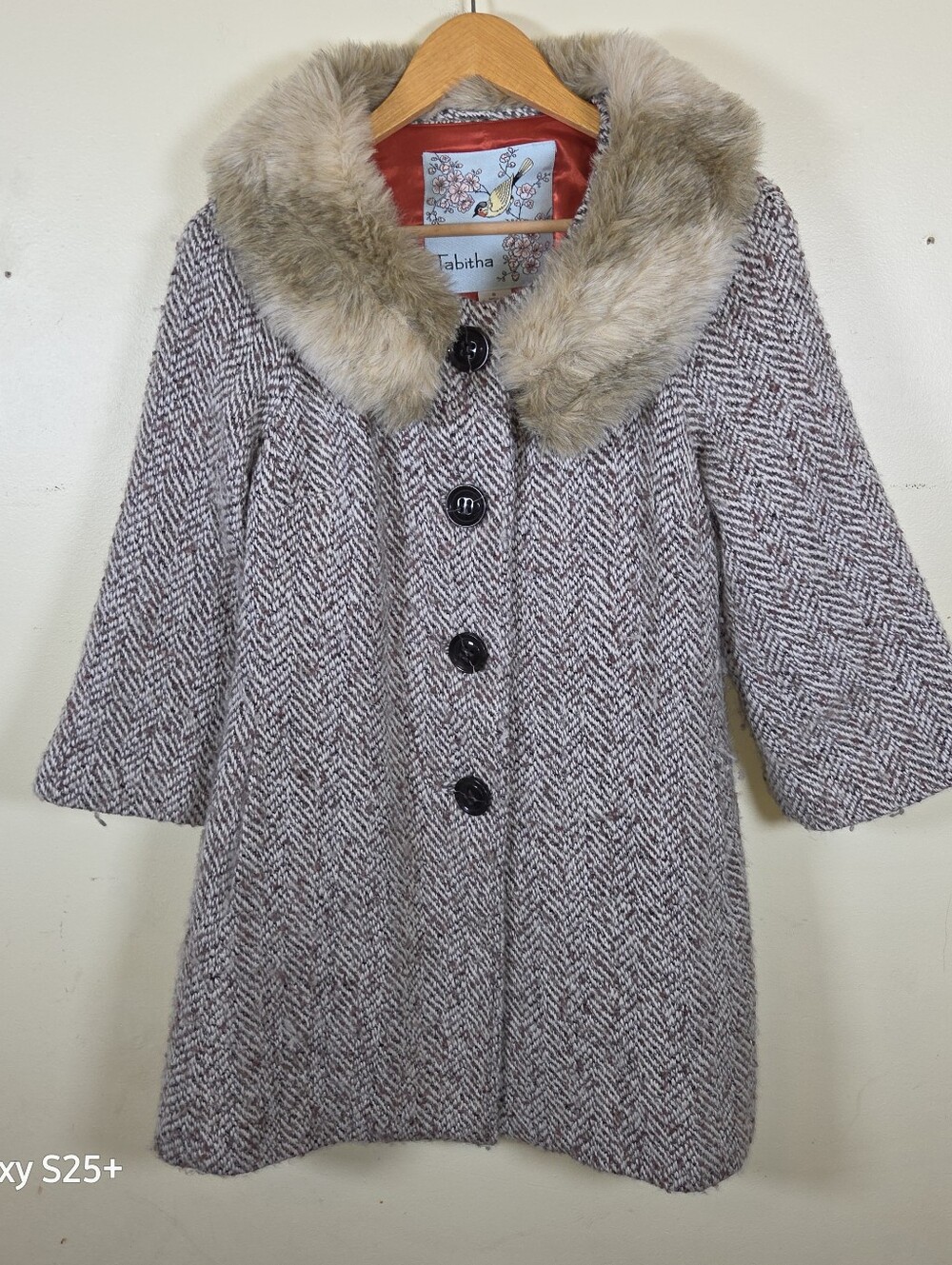 Anthropologie Tabitha Retro Beige Tweed 3/4 Sleeve Wool Blend Coat Sz 8 Faux Fur